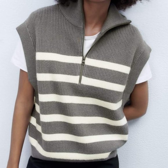 Zara White and Gray Half Zip Sweater - Picture 3 of 6